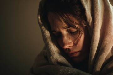 Emotional portrait of a woman in deep thought wrapped in a warm blanket, expressing sadness, introspection, and solitude, showcasing intense emotions and personal reflection.
