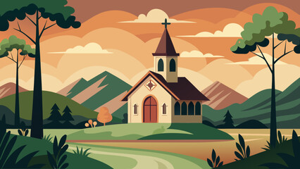 Naklejka premium Charming rural church nestled in rolling hills with majestic mountains and a warm sunset sky
