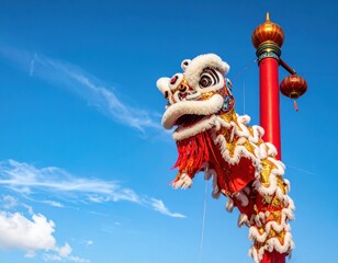 A colorful dragon dances beside a pillar against a bright, cloudy sky