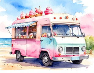 A colorful ice cream truck, parked on a beach