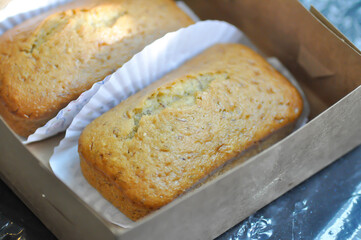 banana cake or banana bread or almond bread , loaf of bread