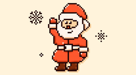 Pixel art cute Santa Claus with 8 bit snowflakes.