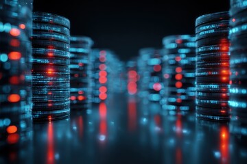 Visualization of big data and analytics technology showing illuminated digital coin stacks against a dark background