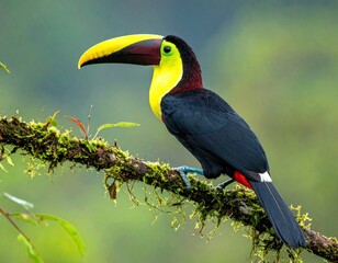 A colorful toucan perches on a mossy branch, with vibrant plumage