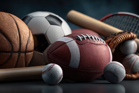 Various sports equipment arranged artistically on a dark background showcasing a variety of athletic activities and their essential gear