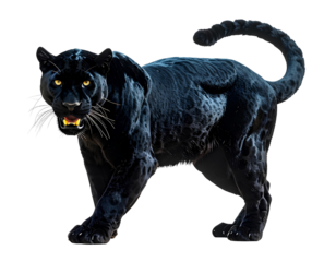 Fierce black panther in attack stance, powerful wild cat ready to pounce, isolated on transparent background, PNG
