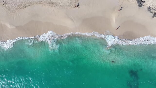 Aerial top-down drone footage of ocean waves breaking on a sandy beach in Oahu, Hawaii, showcasing turquoise water, white surf, tropical coastline, and the rhythmic motion of waves along the shore.