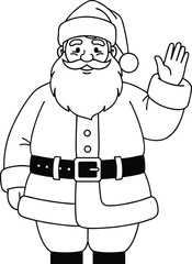 Cute Santa Claus waving hand illustration, black and white Christmas drawing, holiday festive character outline design for greeting card, coloring page and decoration art