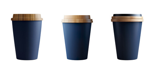 Dark Blue Reusable Coffee Cup with Bamboo Lid on Wooden Table on a transparent background