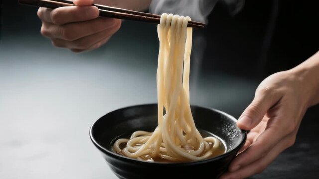 Steaming udon noodle soup lifted with chopstick over hot broth, cozy comfort meal with gentle steam black bowl, aromatic savory broth and hand