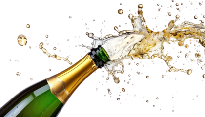 Champagne bottle exploding, liquid splashing