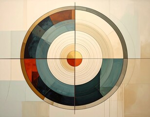 A concentric circle design with segmented colors, divided by vertical and horizontal lines