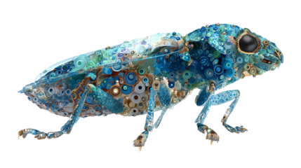 Detailed macro photograph of a colorful insect isolated on transparent background