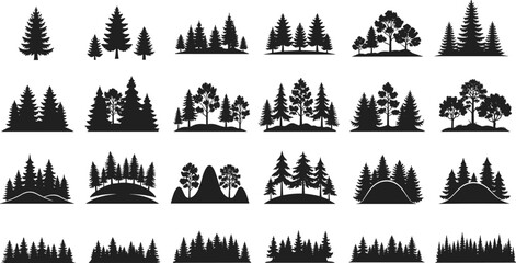 Forest tree silhouette set, pine and spruce vector collection, woodland landscape illustration, outdoor nature design, evergreen trees graphic, black forest scenery elements