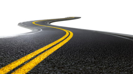 Winding asphalt road with double yellow lines isolated on transparent background