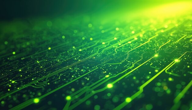 Illustration displays green circuit board. Lines connect across surface. Data streams transfer in tech backdrop. Green energy sector presentation background. Tech company may use. Global networks