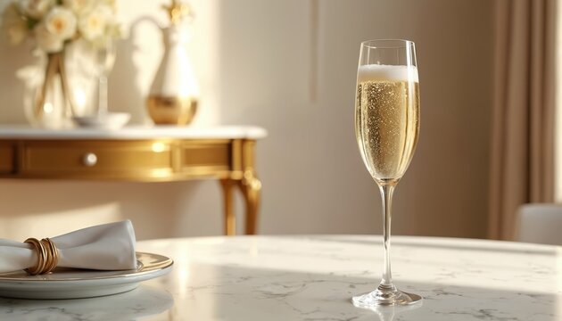 Elegant setting with champagne glass. Sparkling beverage on marble table. White napkin golden ring. Festive home decor. Interior design showcases luxury lifestyle.
