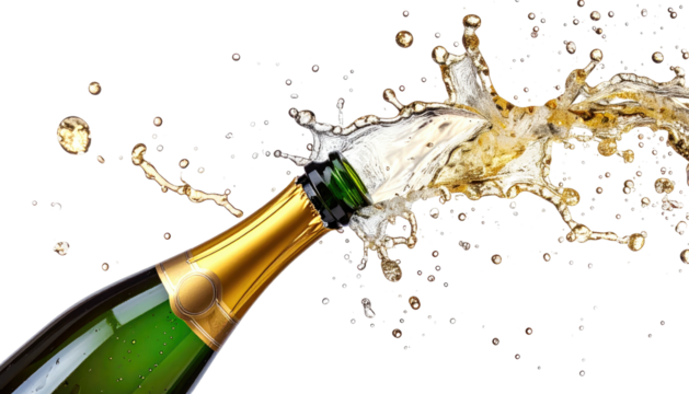 Champagne bottle exploding, liquid splashing