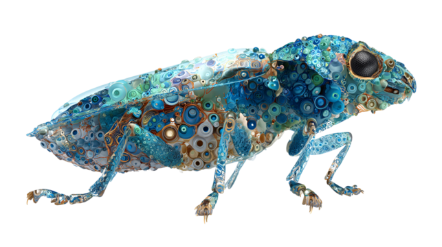 Detailed macro photograph of a colorful insect isolated on transparent background