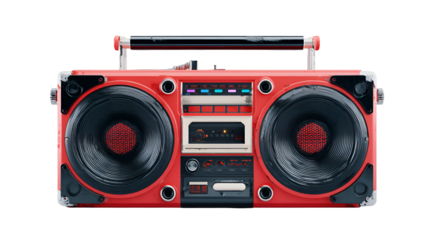 Retro red boombox music player isolated on transparent background