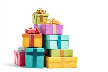 Stack of soft vivid colored gift boxes tied golden bows. Joy, anticipation of receiving presents. Giftboxes heap neat stacked on white backdrop. Gift box set in large pile. Distinctive present boxes