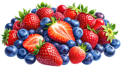 Pile of plump strawberries, blueberries, raspberries, and cherries