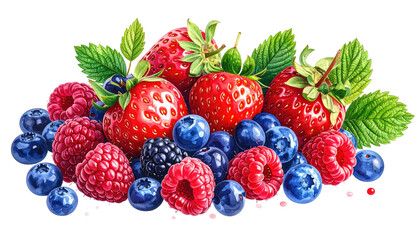 Pile of assorted berries with leaves. Bright, vibrant colors
