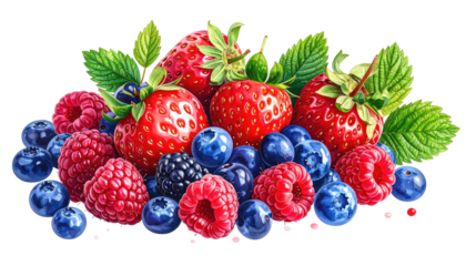 Pile of assorted berries with leaves. Bright, vibrant colors