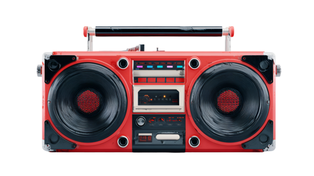 Retro red boombox music player isolated on transparent background