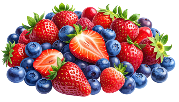 Pile of plump strawberries, blueberries, raspberries, and cherries