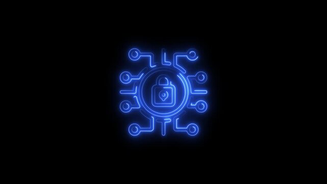 Blue neon lock and circuit icon on black background technology