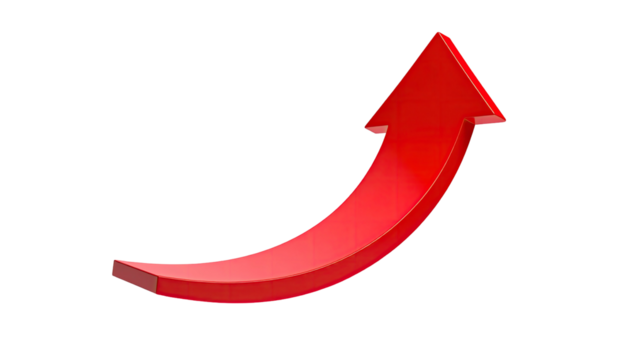 Red arrow arches upward on a black background, glossy effect