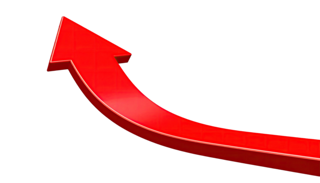 Shiny red arrow curving upward and right on solid black background