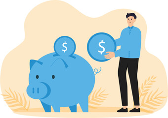 Donating money and Volunteers collecting and putting coins in a piggy bank. Financial support and fundraising concept.
