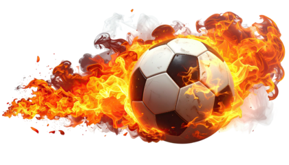 Soccer ball engulfed in bright orange and white flames