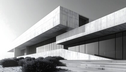 A contemporary building featuring concrete and glass facade with shrubs