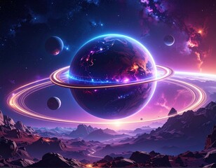 A cosmic landscape of planets and nebulae in vibrant celestial hues