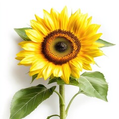 Obraz premium Bright Yellow Sunflower with Detailed Center and Green Leaves Isolated on White Background