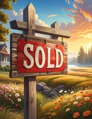 A countryside scene with a "SOLD" sign and scenic landscape