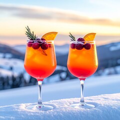 Bright orange cocktails with berries are served in winter scenery during sunset
