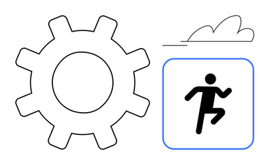Gear and running person reflect innovation, teamwork, speed, and productivity. Simple design evokes dynamism, creativity, and cloud-connected progress. Ideal for work, energy industry technology