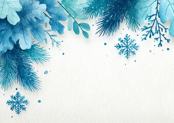 winter wonderland border, replace flowers with crystalline snowflakes and frosted pine sprigs, cool blue watercolor gradients, gentle sparkle, ample space for holiday text
