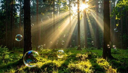 Sunlight filters through trees in a serene forest with floating bubbles