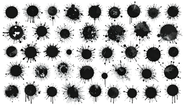 Blotchy, circular ink splatters arranged in rows and columns