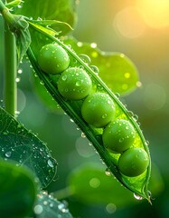 Fresh green peas glisten with dew in a vibrant spring garden at sunrise