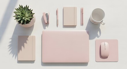 Minimalist office workspace with laptop stationary and plant on white background