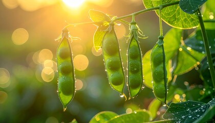 Fresh green pea pods hanging on a plant during sunrise with dewdrops glistening
