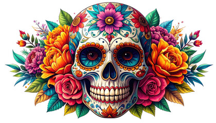 Ornate skull surrounded by vibrant flowers, eyes bright
