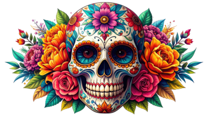 Ornate skull surrounded by vibrant flowers, eyes bright