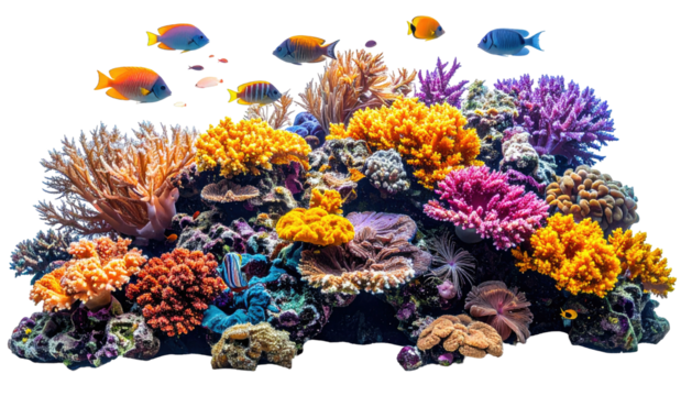 Vibrant coral reef with colorful fish swimming around it
